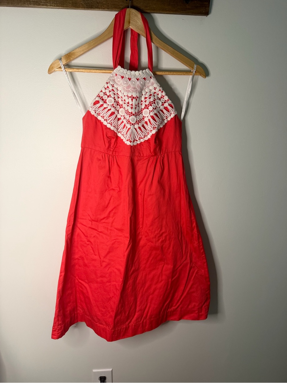 Lilly Pulitzer Cotton Coral Pink Halter Dress White Crochet Lace Trim Size 0